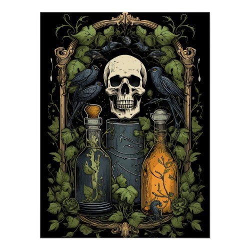 Vintage Goth Skeleton Skull Raven Poison Halloween Poster