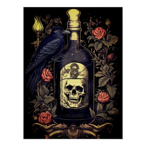 Vintage Goth Skeleton Skull Raven Poison Halloween Poster
