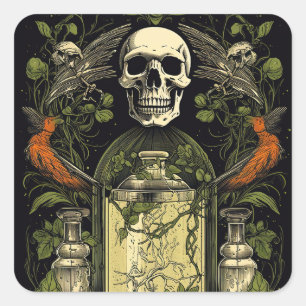 Vintage Goth Skeleton Skull Raven Poison Halloween Square Sticker