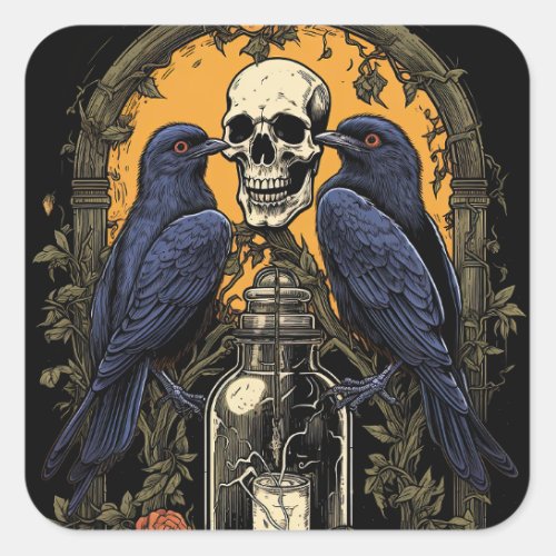 Vintage Goth Skeleton Skull Raven Poison Halloween Square Sticker