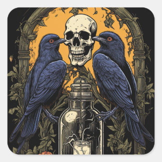 Vintage Goth Skeleton Skull Raven Poison Halloween Square Sticker