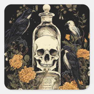 Vintage Goth Skeleton Skull Raven Poison Halloween Square Sticker