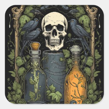 Vintage Goth Skeleton Skull Raven Poison Halloween Square Sticker by WillowTreePrints at Zazzle