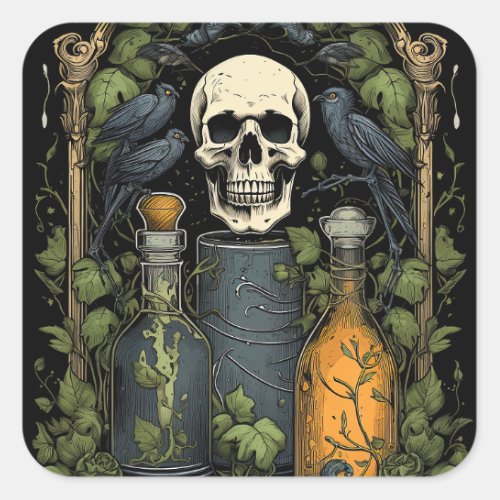 Vintage Goth Skeleton Skull Raven Poison Halloween Square Sticker