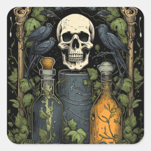 Vintage Goth Skeleton Skull Raven Poison Halloween Square Sticker
