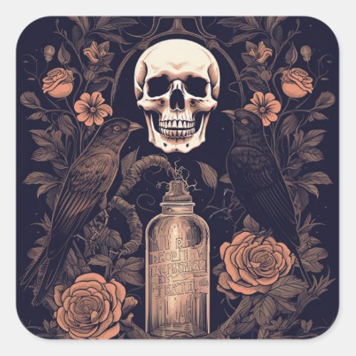 Vintage Goth Skeleton Skull Raven Poison Halloween Square Sticker