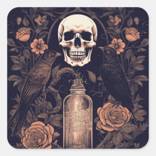 Vintage Goth Skeleton Skull Raven Poison Halloween Square Sticker
