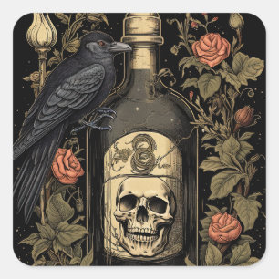 Vintage Goth Skeleton Skull Raven Poison Halloween Square Sticker