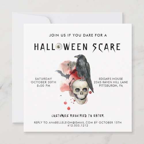 Vintage Goth Skull Raven Spooky Halloween Party  Invitation