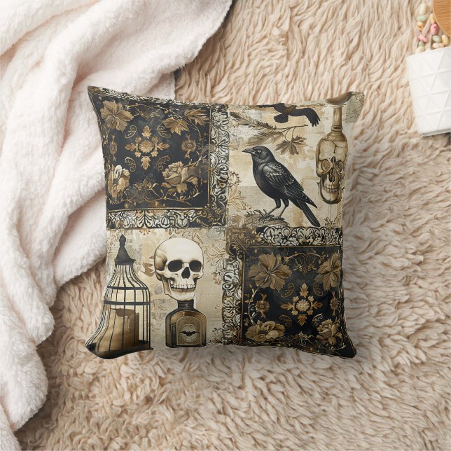 Vintage Goth Skulls and Birdcages Throw Pillow (Blanket)