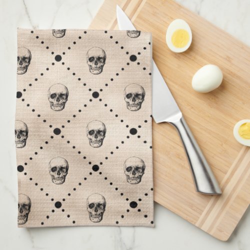 Vintage Goth Skulls Grid  Kitchen Towel