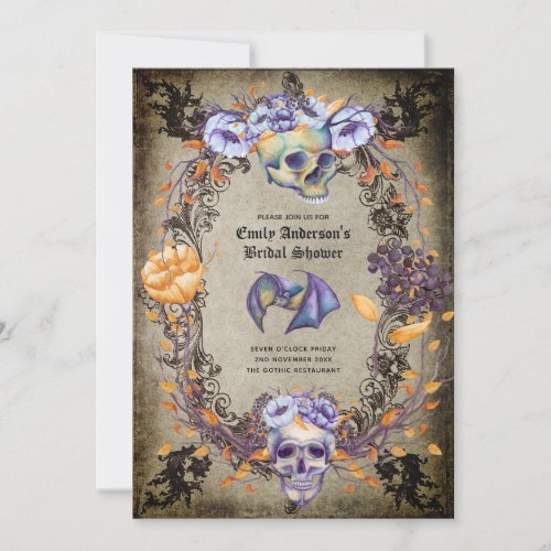 Vintage Goth Skulls Purple Orange Flowers Gothic Invitation