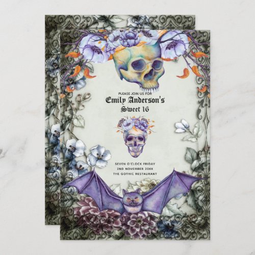 Vintage Goth Skulls Sweet 16 Purple Orange Flowers Invitation