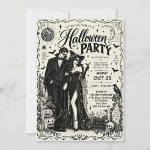 Vintage Gothic Black and White Halloween Party Invitation