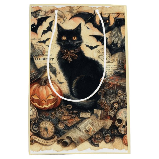 Vintage Gothic Black Cat Halloween  Medium Gift Bag (Front)