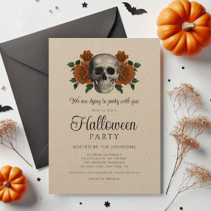 Vintage Gothic Black Floral Skull Halloween Invitation