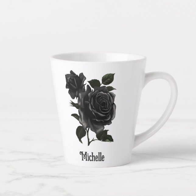 Vintage Gothic Black Roses Personalised Latte Mug (Right)