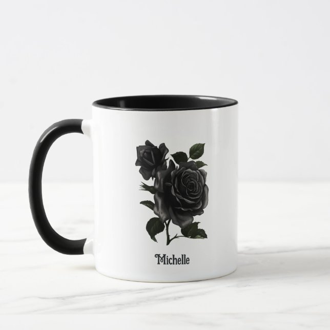 Vintage Gothic Black Roses Personalised Mug (Left)
