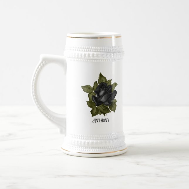 Vintage Gothic Black Roses Personalized Beer Stein (Left)