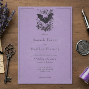 Vintage Gothic Black Toile Bat Purple Wedding Invitation