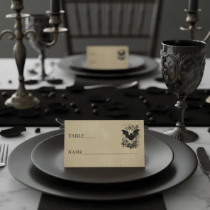 Vintage Gothic Black Toile Bat Tan Wedding Place Card