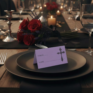 Vintage Gothic Black Toile Cross Purple Wedding Place Card