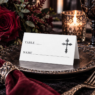 Vintage Gothic Black Toile Cross White Wedding Place Card