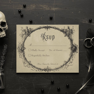 Vintage Gothic Black Toile Frame Tan Wedding RSVP Card