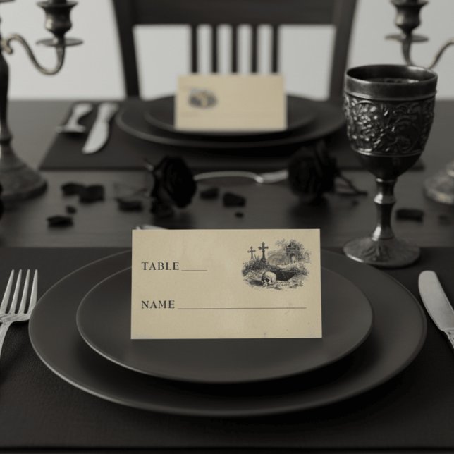 Vintage Gothic Black Toile Graves Tan Wedding Place Card (Creator Uploaded)