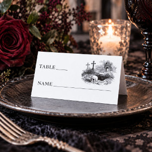 Vintage Gothic Black Toile Graves White Wedding Place Card