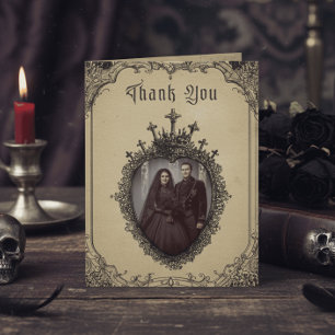Vintage Gothic Black Toile Photo Tan Wedding Thank You Card