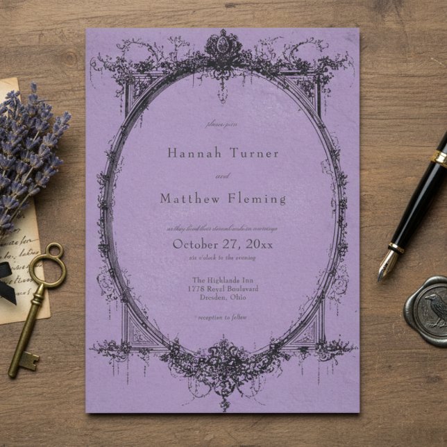 Vintage Gothic Black Toile Purple Wedding Invitation (Creator Uploaded)