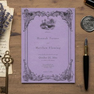 Vintage Gothic Black Toile Skull Purple Wedding Invitation