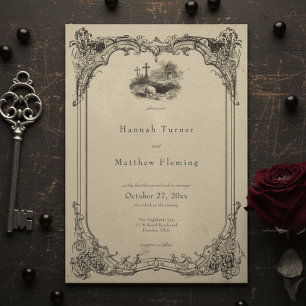 Vintage Gothic Black Toile Skull Tan Wedding Invitation