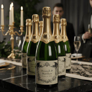 Vintage Gothic Black Toile Tan Bat Wedding Sparkling Wine Label