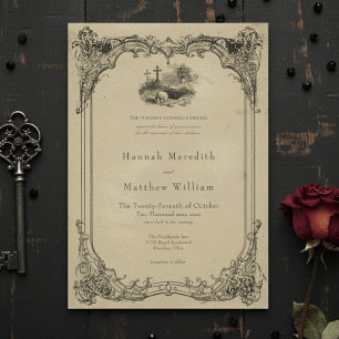 Vintage Gothic Black Toile Tan Skull Wedding Invitation