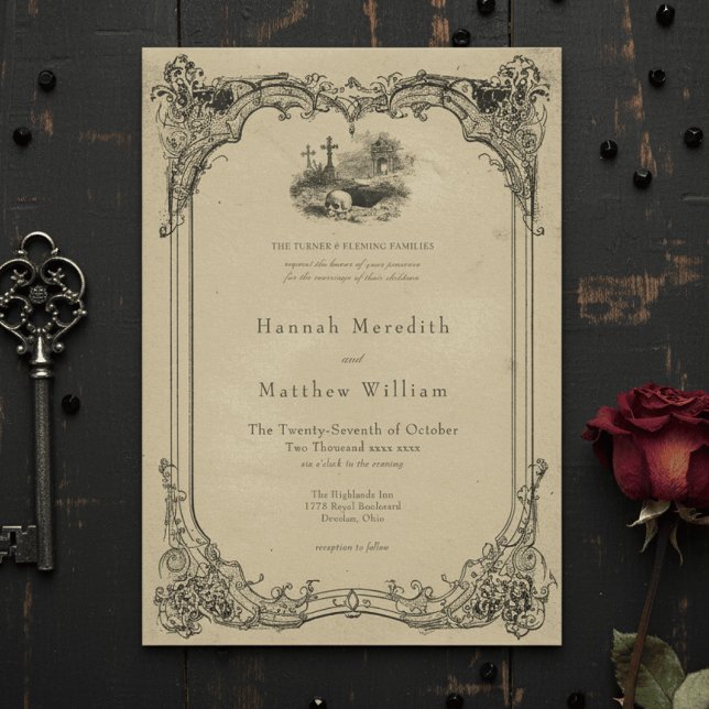 Vintage Gothic Black Toile Tan Skull Wedding Invitation (Creator Uploaded)