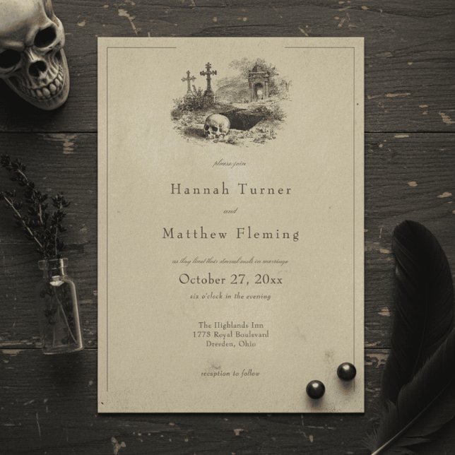 Vintage Gothic Black Toile Tan Wedding Invitation (Creator Uploaded)