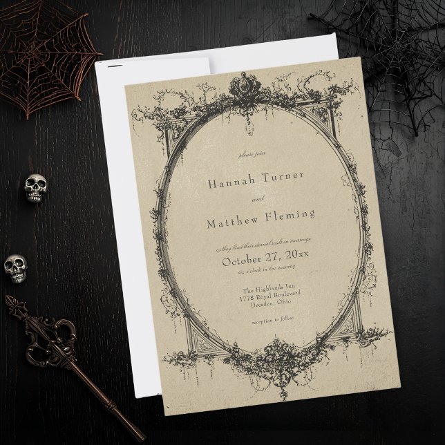 Vintage Gothic Black Toile Tan Wedding Invitation (Creator Uploaded)
