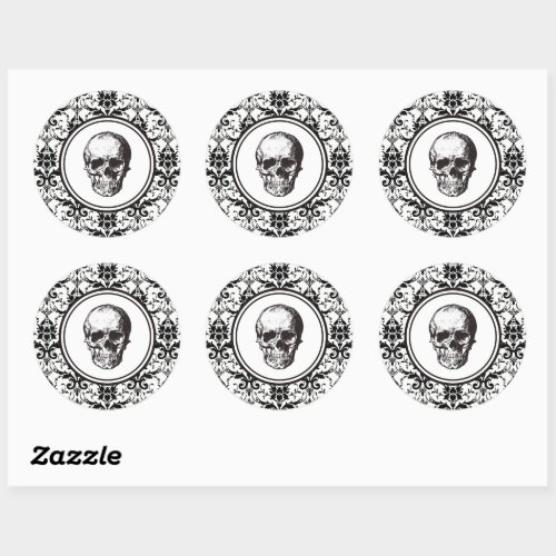 Vintage Gothic Black  White Damask Pattern Skull Classic Round Sticker