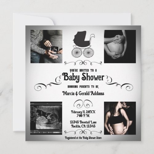 Vintage Gothic Black  White Pram Baby Shower Invitation