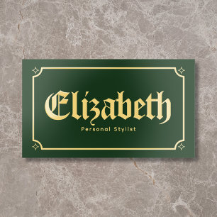 Vintage Gothic Blackletter Bold Green Foil Business Cards
