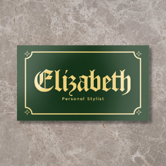 Vintage Gothic Blackletter Bold Green Foil Business Cards