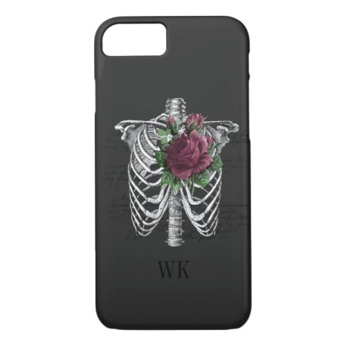 Vintage Gothic Burgundy Roses Skeleton Monogram iPhone 87 Case