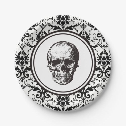 Vintage Gothic Damask Pattern Skull HALLOWEEN Paper Plates