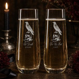 Vintage Gothic Dark Academia Raven Skull Wedding Stemless Champagne Flute