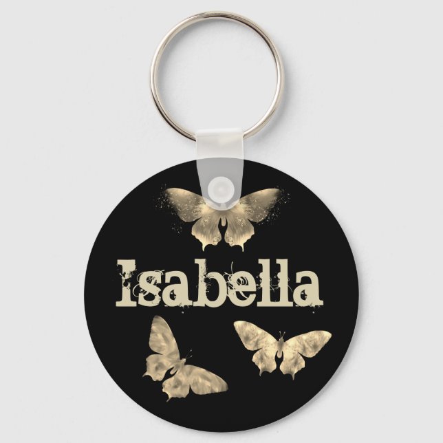 Vintage Gothic Dark Butterfly Art Isabella Name Keychain (Front)