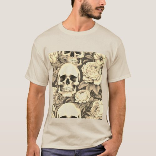 Vintage Gothic Floral Skull T_Shirt