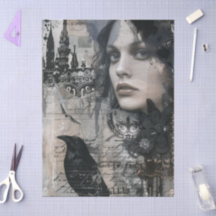 Vintage Gothic Girl & Raven Decoupage Tissue Paper