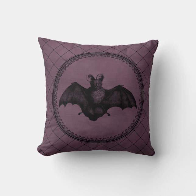 Vintage Gothic Halloween Bat on Purple Throw Pillow (Front)